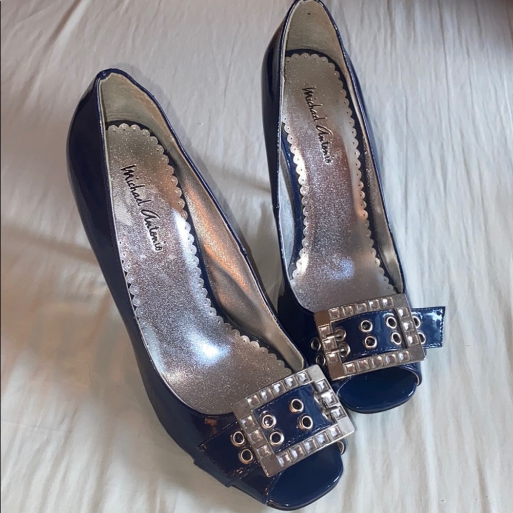 Michael Antonio navy blue peep toe buckle heel